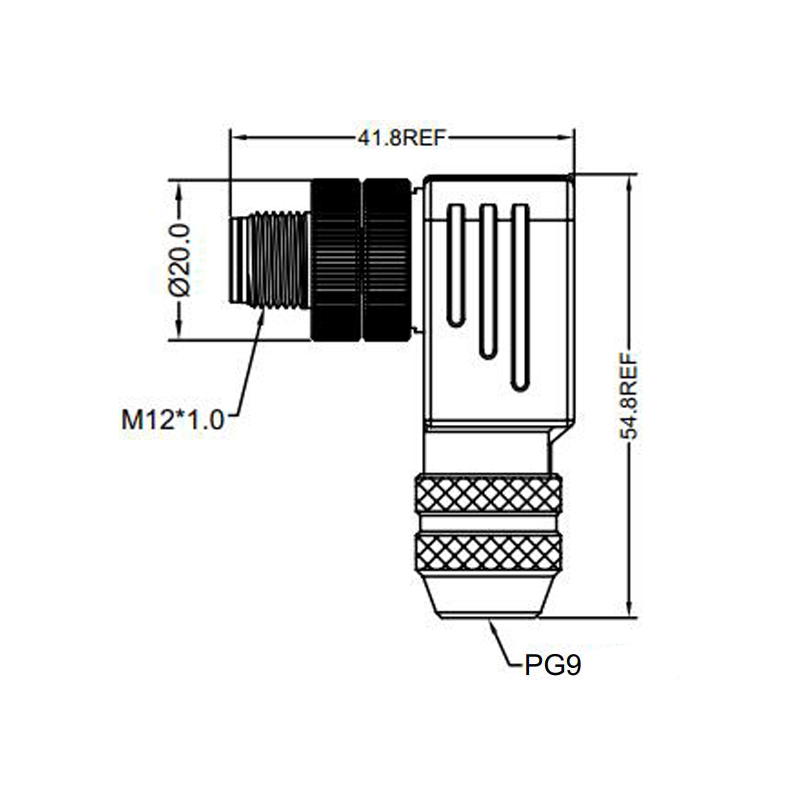 M12 12pins A code male right angle metal assembly connector PG9 thread,shielded,brass with nickel plated housing,suitable cable diameter 6.0mm-8.0mm